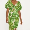 Discount Oasis Linen Mix Palm Print Twist Front Midi Dress Green