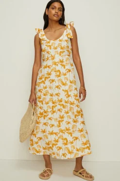 Online Oasis Linen Mix Palm Printed Tie Shoulder Dress Floral