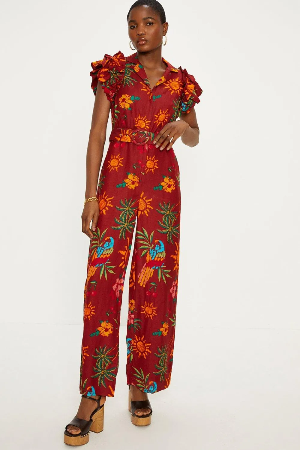 Clearance Oasis Linen Mix Parrot Print Ruffle Sleeve Jumpsuit Multi