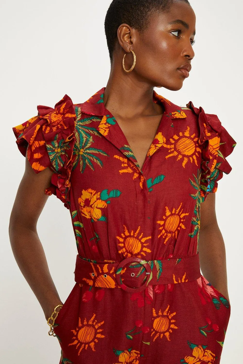 Clearance Oasis Linen Mix Parrot Print Ruffle Sleeve Jumpsuit Multi