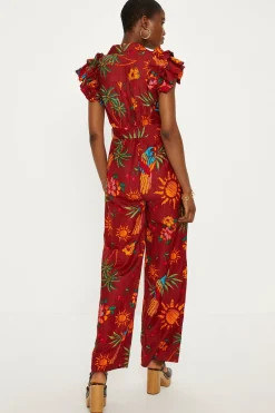 Clearance Oasis Linen Mix Parrot Print Ruffle Sleeve Jumpsuit Multi