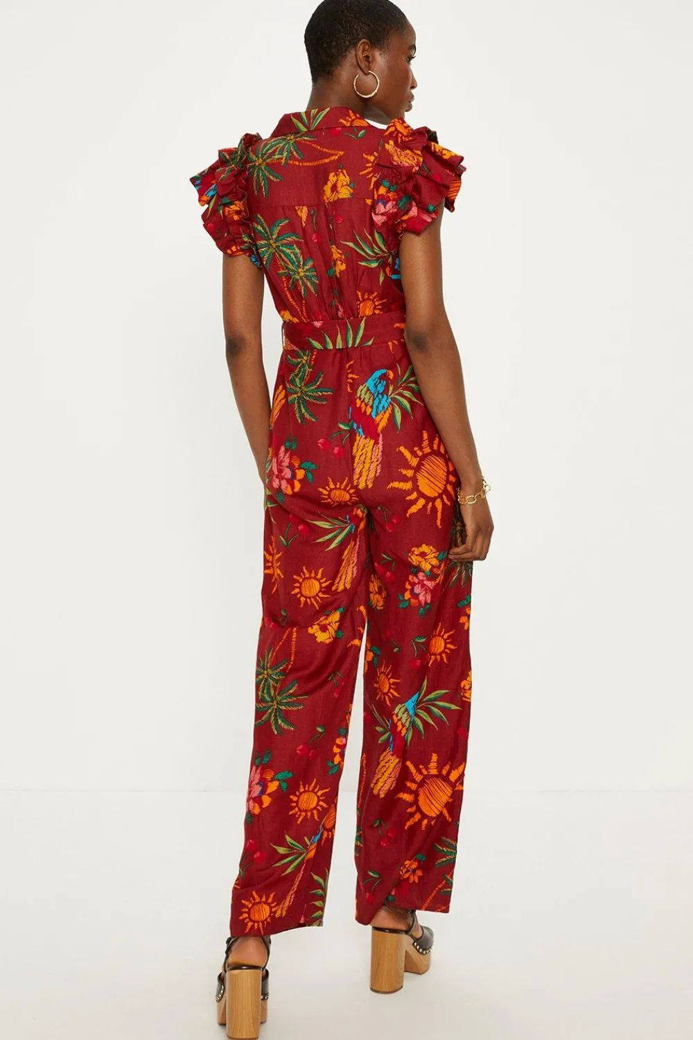 Clearance Oasis Linen Mix Parrot Print Ruffle Sleeve Jumpsuit Multi