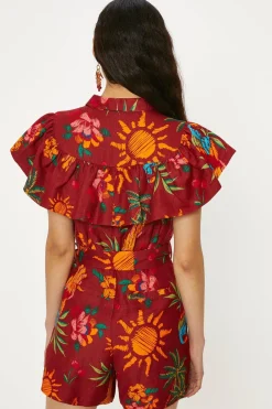 Outlet Oasis Linen Mix Parrot Print Ruffle Playsuit Multi