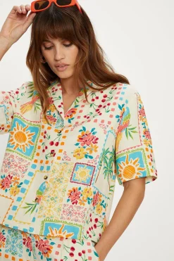 Sale Oasis Linen Mix Patch Print Resort Shirt Ivory