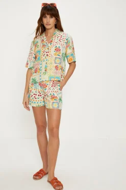 New Oasis Linen Mix Patch Print Shorts Ivory