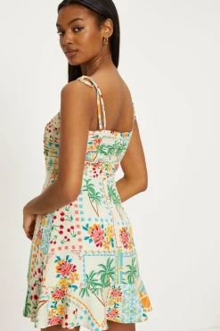 Sale Oasis Linen Mix Patch Print Tie Shoulder Mini Dress Ivory