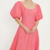 Hot Oasis Linen Mix Puff Sleeve Midi Dress Pink