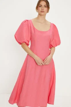Hot Oasis Linen Mix Puff Sleeve Midi Dress Pink