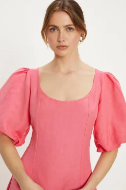 Hot Oasis Linen Mix Puff Sleeve Midi Dress Pink
