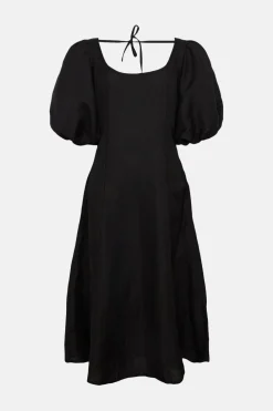 Hot Oasis Linen Mix Puff Sleeve Seamed Midi Dress Black