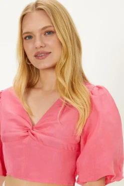 Fashion Oasis Linen Mix Puff Sleeve Twist Front Top Pink