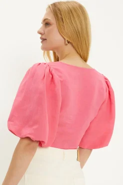 Fashion Oasis Linen Mix Puff Sleeve Twist Front Top Pink