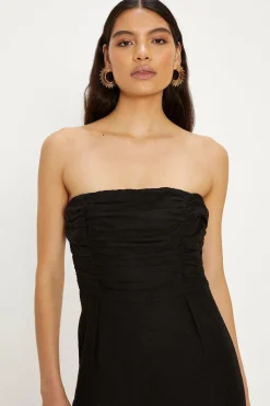 Fashion Oasis Linen Mix Ruched Detail Strapless Jumpsuit Black
