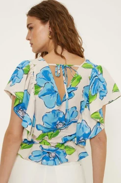 Hot Oasis Linen Mix Ruffle Sleeve Floral Print V Neck Top Blue