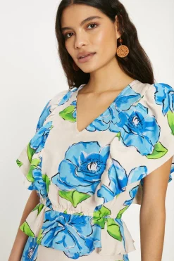 Hot Oasis Linen Mix Ruffle Sleeve Floral Print V Neck Top Blue