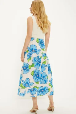 Sale Oasis Linen Mix Statement Floral Midi Skirt Blue