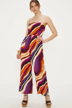 Discount Oasis Linen Mix Swirl Print Bandeau Jumpsuit Brown