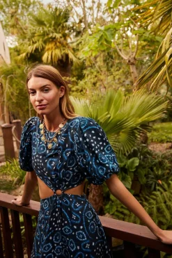 Fashion Oasis Linen Mix Tribal Ring Cut Out Midi Dress Blue