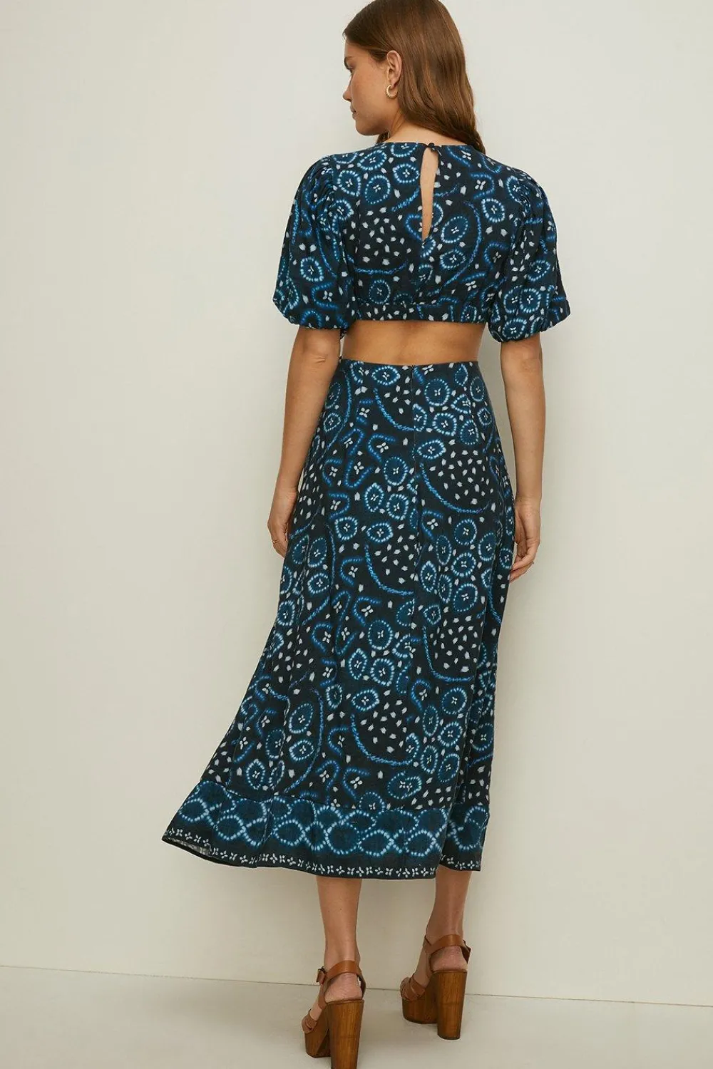 Fashion Oasis Linen Mix Tribal Ring Cut Out Midi Dress Blue