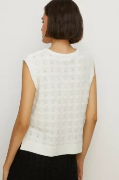 Fashion Oasis Lofty Pointelle Collar Knit Vest Ecru