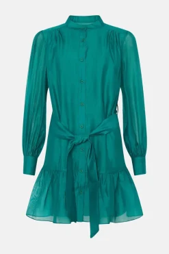 Online Oasis Long Sleeve Organza Mini Shirt Dress Green