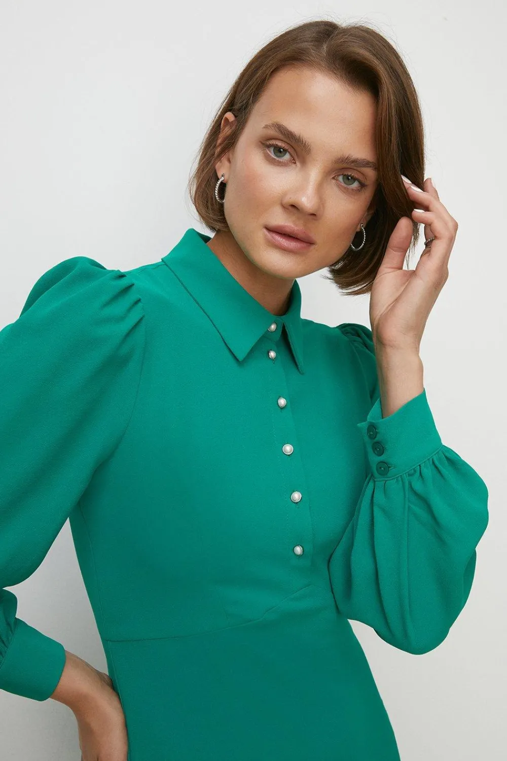 Hot Oasis Long Sleeve Pearl Button Detail Midi Dress Green