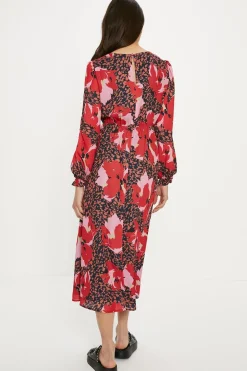 Hot Oasis Long Sleeve Printed Midi Tea Dress Multi