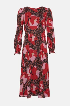 Hot Oasis Long Sleeve Printed Midi Tea Dress Multi