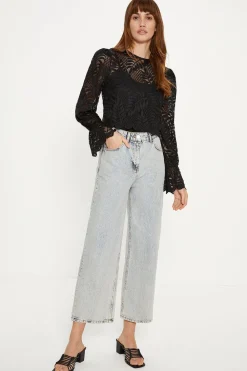 New Oasis Long Sleeved Delicate Lace Top Black