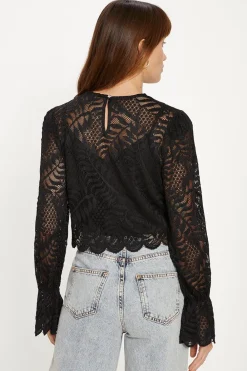 New Oasis Long Sleeved Delicate Lace Top Black