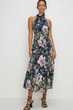 Discount Oasis Lyanna Satin Burnout Halter Neck Dress Navy