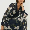 New Oasis Magnolia Floral Dobby Chiffon Lace V Neck Midi Dress Navy