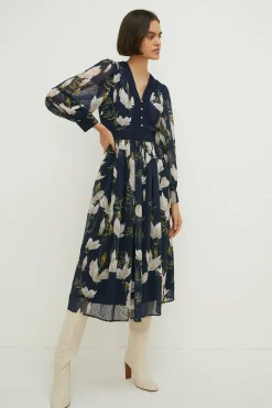 New Oasis Magnolia Floral Dobby Chiffon Lace V Neck Midi Dress Navy