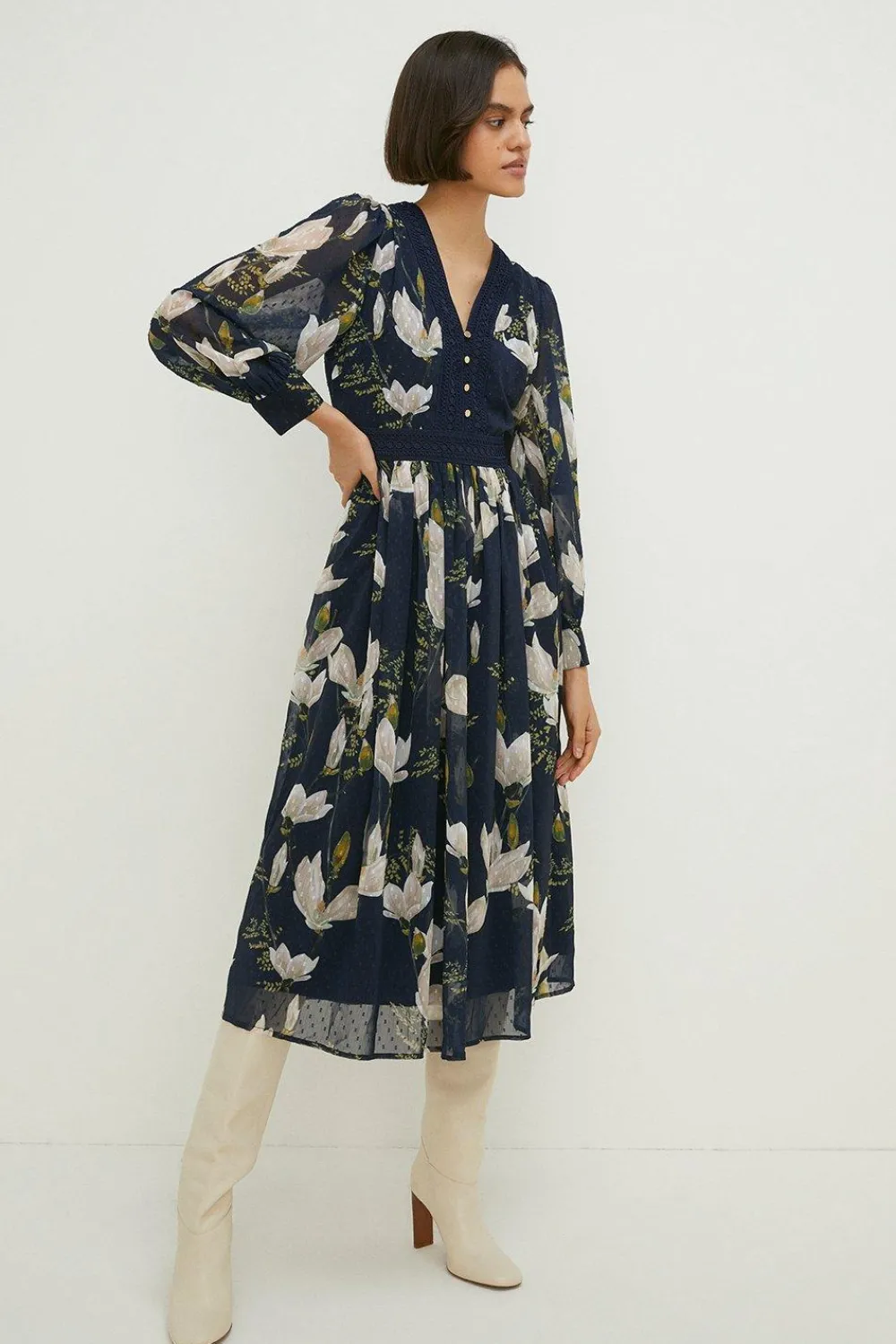 New Oasis Magnolia Floral Dobby Chiffon Lace V Neck Midi Dress Navy