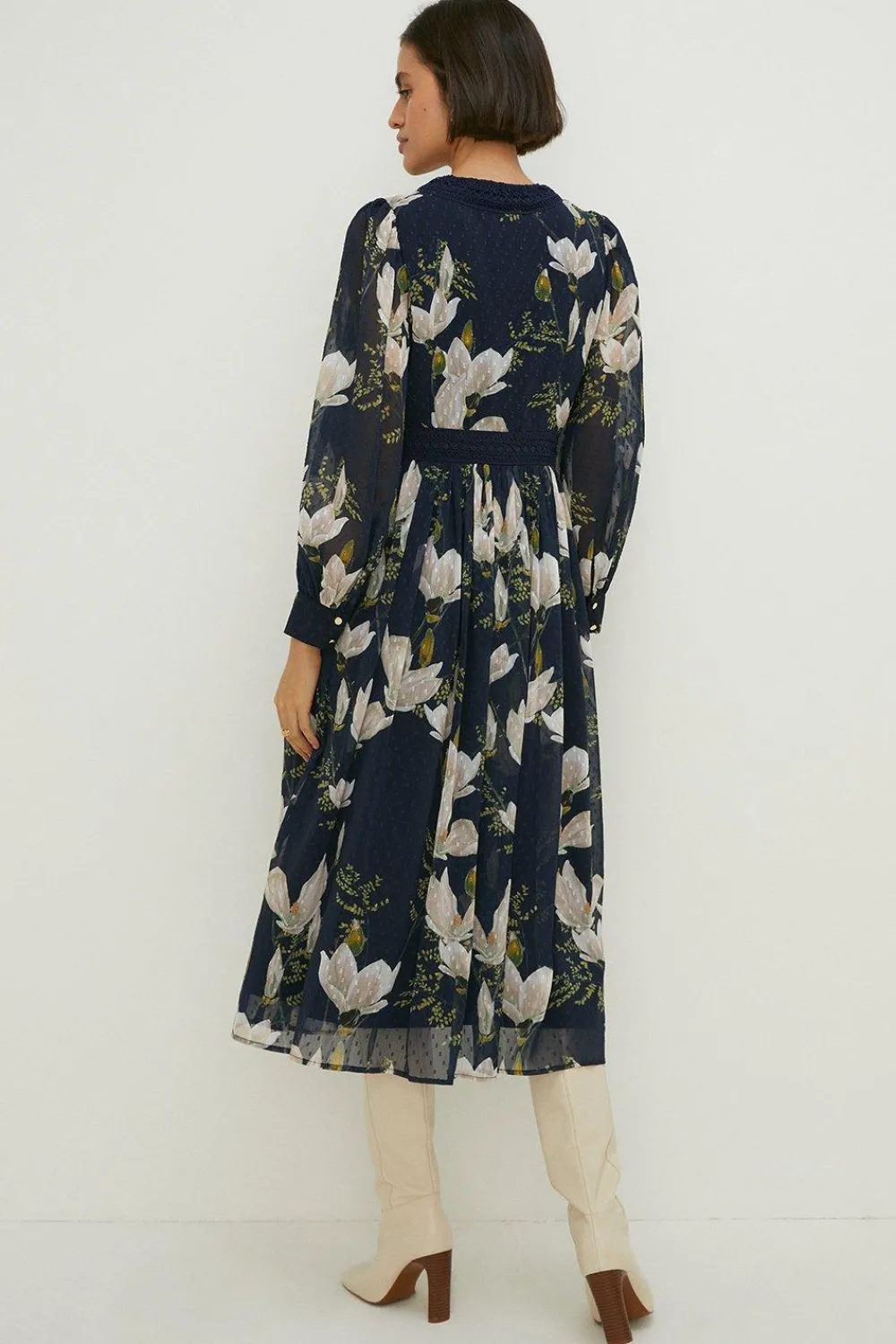 New Oasis Magnolia Floral Dobby Chiffon Lace V Neck Midi Dress Navy