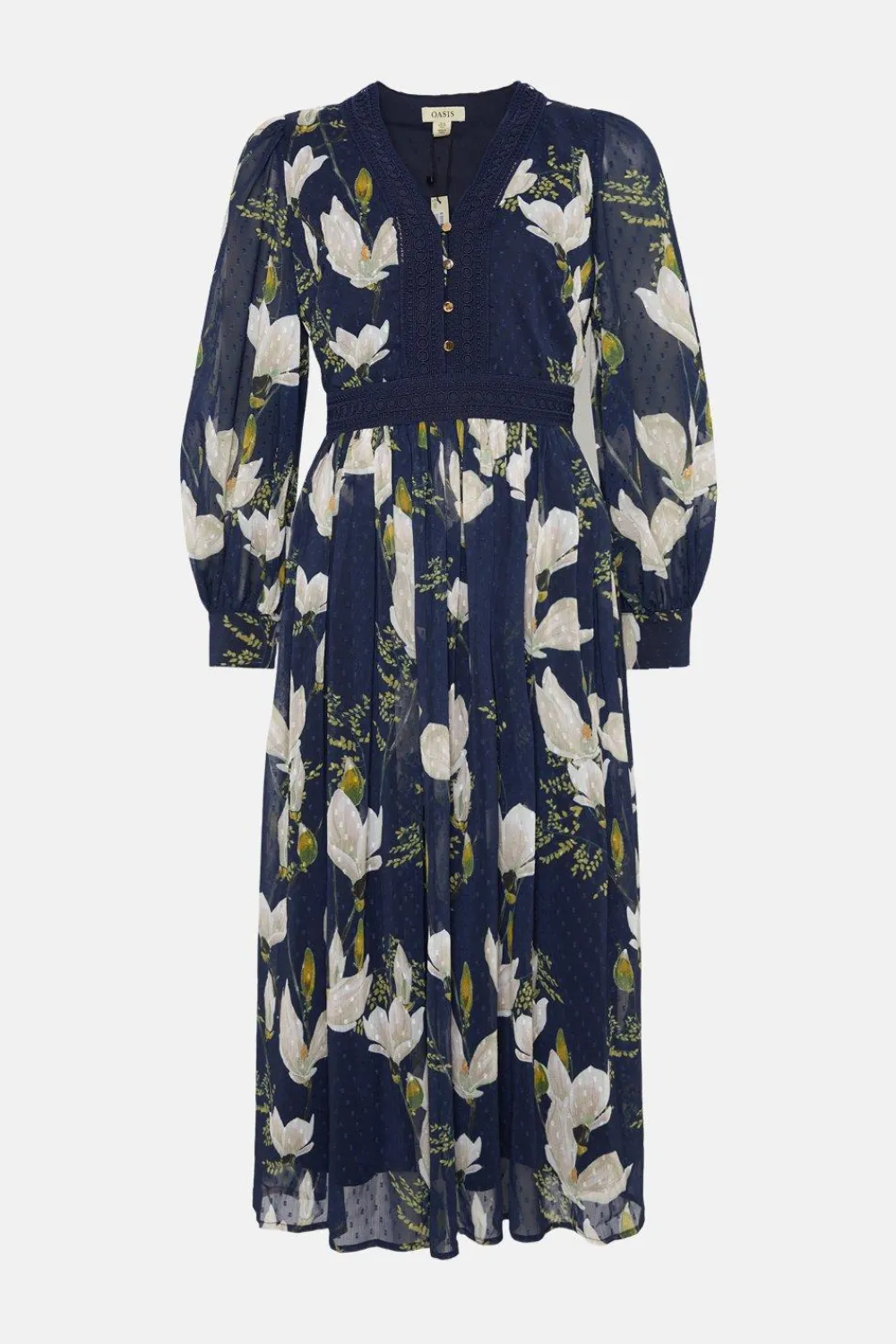 New Oasis Magnolia Floral Dobby Chiffon Lace V Neck Midi Dress Navy