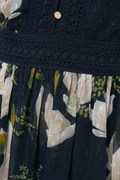 New Oasis Magnolia Floral Dobby Chiffon Lace V Neck Midi Dress Navy