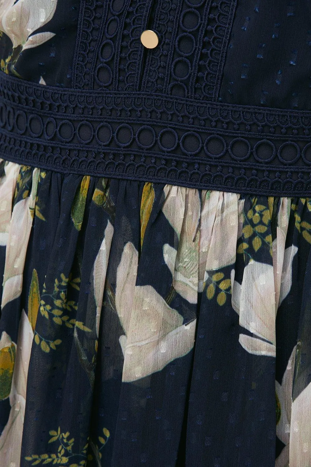 New Oasis Magnolia Floral Dobby Chiffon Lace V Neck Midi Dress Navy