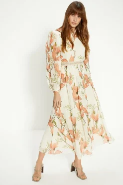 Outlet Oasis Magnolia Floral Lace Balloon Sleeve Midi Dress Ivory