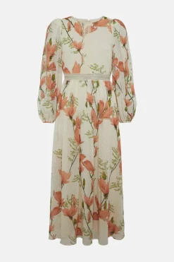 Outlet Oasis Magnolia Floral Lace Balloon Sleeve Midi Dress Ivory