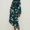 Clearance Oasis Magnolia Floral Lace Tiered Dobby Midi Dress Bottle Green