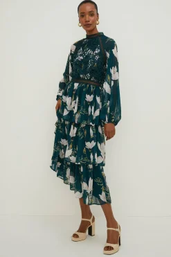 Clearance Oasis Magnolia Floral Lace Tiered Dobby Midi Dress Bottle Green