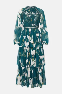 Clearance Oasis Magnolia Floral Lace Tiered Dobby Midi Dress Bottle Green