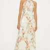 Discount Oasis Magnolia Floral Satin Burnout Halter Midi Dress Ivory