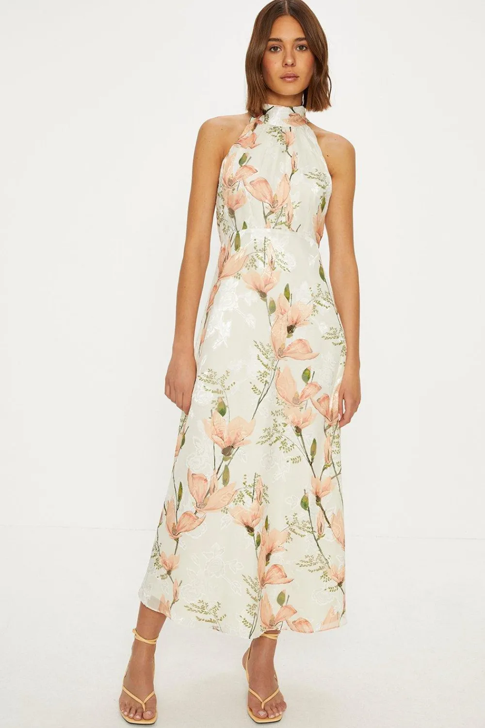 Discount Oasis Magnolia Floral Satin Burnout Halter Midi Dress Ivory