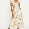 Best Oasis Magnolia Floral Satin Burnout Ruffle Midi Dress Ivory
