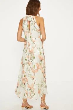Discount Oasis Magnolia Floral Satin Burnout Halter Midi Dress Ivory
