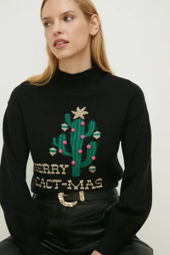 Fashion Oasis Merry Cact-Mas Pom Pom Christmas Jumper Black
