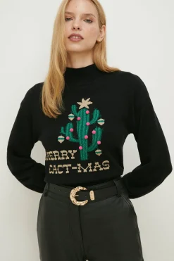 Fashion Oasis Merry Cact-Mas Pom Pom Christmas Jumper Black