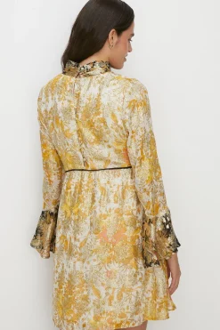 Hot Oasis Metallic Bird Printed Flute Sleeve Skater Multi